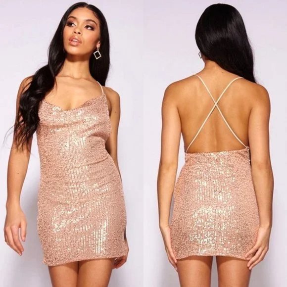 Gold Sequins Sleeveless Cowl Neck Open Back Backless Bodycon Mini Dress - Picture 1 of 15